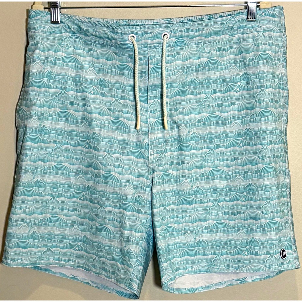 johnnie-O Men's XL Blue White Waves Swim Trunks Drawstring Lined Pockets